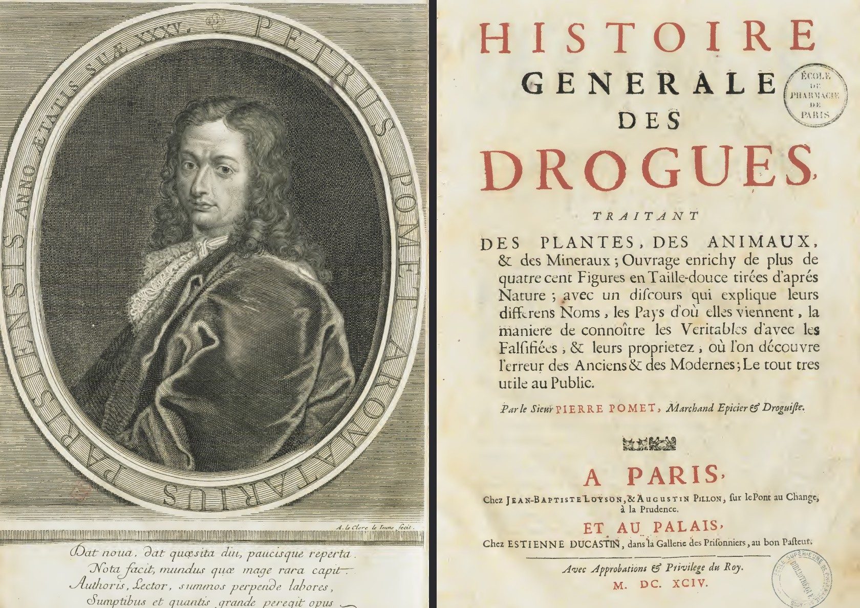 Pierre Pomet — portrait and title page of Histoire générale des drogues, Paris 1694