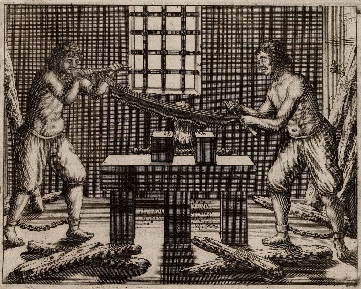 Prisoners sawing wood in the Rasphuis, 17th-century engraving