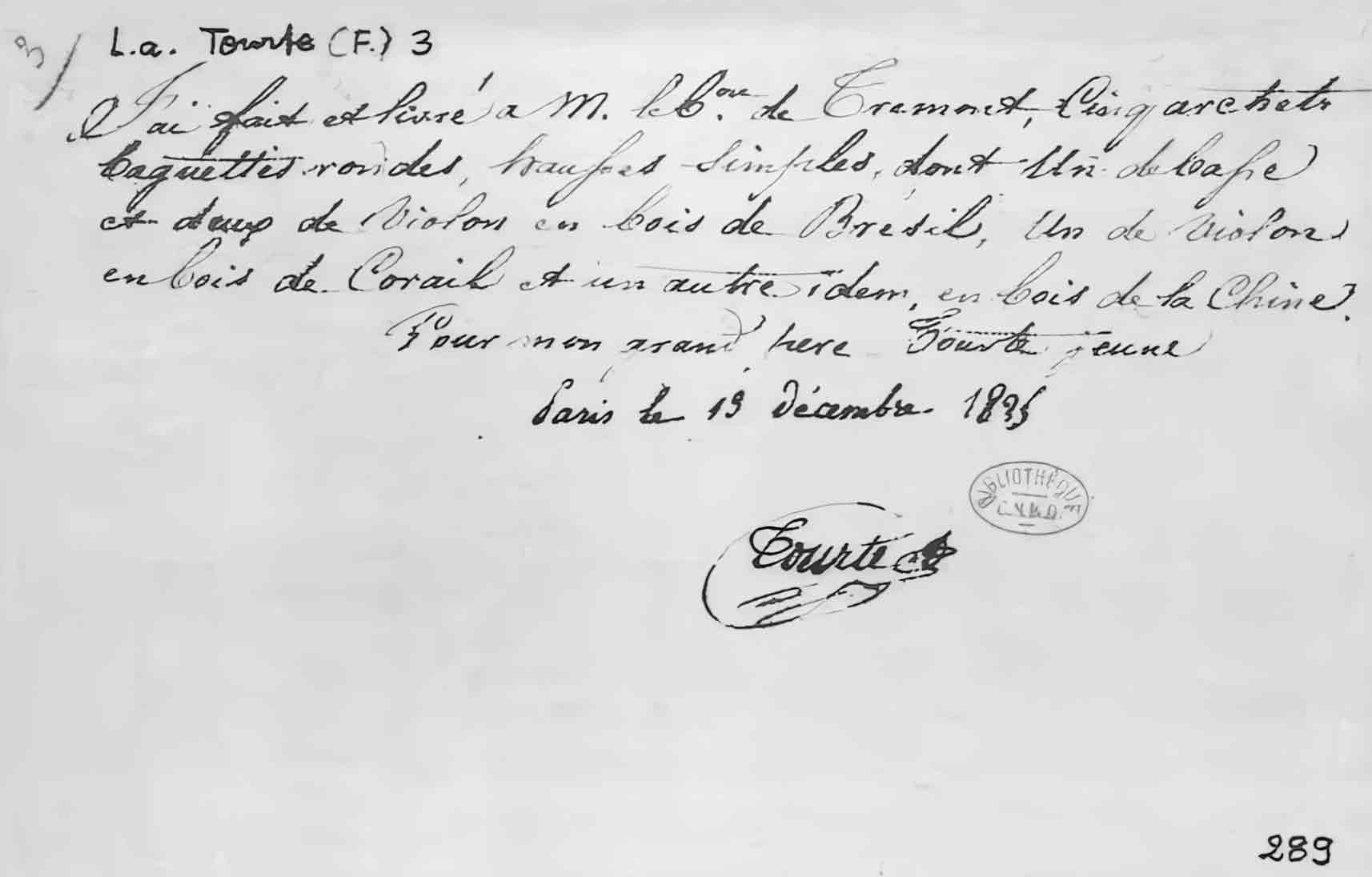 Henry Tourte's autograph receipt, 13 December 1825
