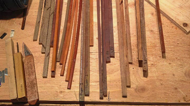 Yvon Lefort's bow-maker's bench, various sticks